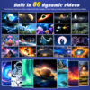 Product feature chart showing 60 built-in dynamic projection videos, space ocean holiday scenes with sleep white noise function