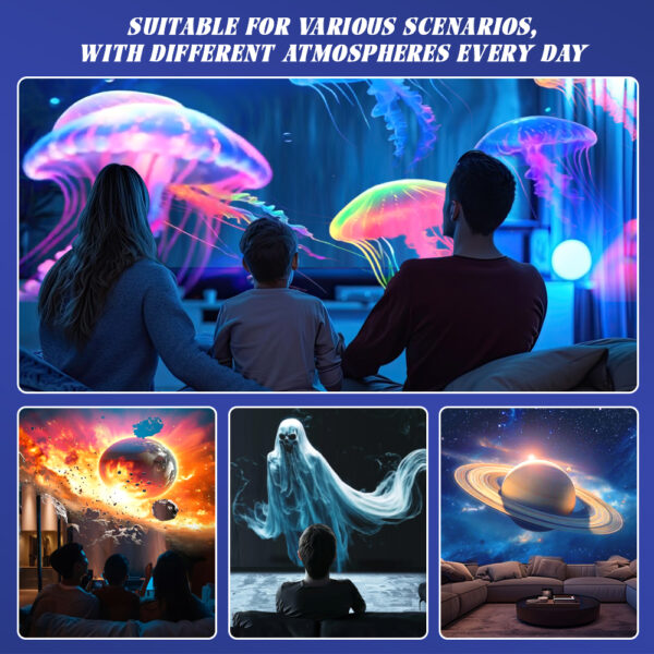 Multi-scene display poster for galaxy projector lamp, showing jellyfish, ghost and planet projection for family home use