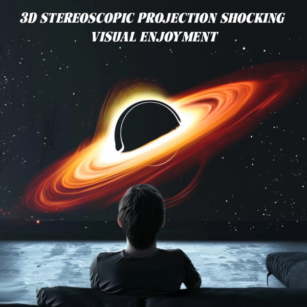 Advertising graphic showing 3D stereoscopic black hole projection effect of galaxy star projector lamp for immersive home viewing