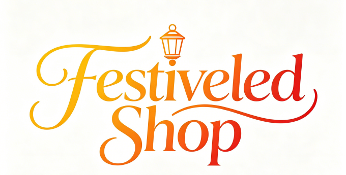 FestiveledShop cursive brand logo with vintage street lamp icon for holiday LED decorative lighting store
