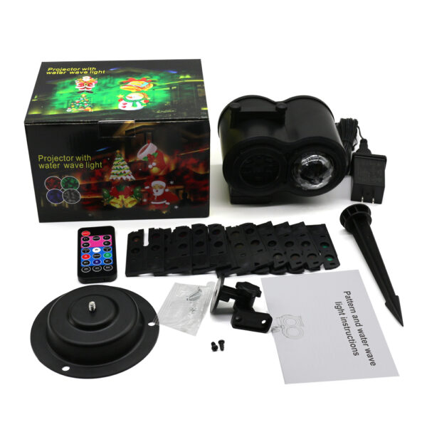 Full package kit of Christmas projector light, main unit, remote, slides, stake, base and user manual
