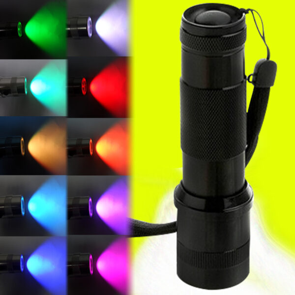 Black color changing atmosphere flashlight with all 10 RGB color light effects display, portable LED multi-color mood fill light sample color chart