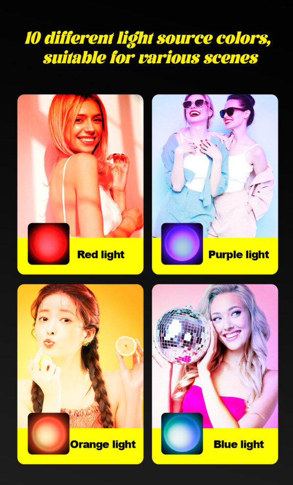 Scene display of color changing atmosphere flashlight, red purple orange blue RGB fill light effect for different portrait photography and party scenes