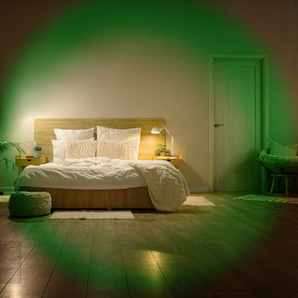 Soft green ambient lighting bedroom scene from color changing atmosphere flashlight, 10 RGB mood light for cozy home night wall projection decor