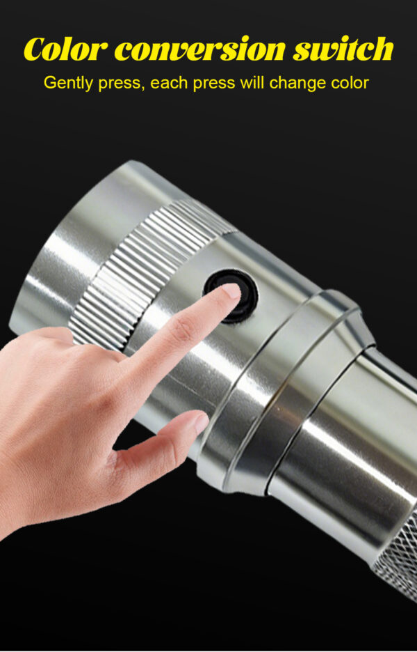 Color conversion switch button close-up of silver color changing atmosphere flashlight, one-click RGB color changing control operation demonstration picture