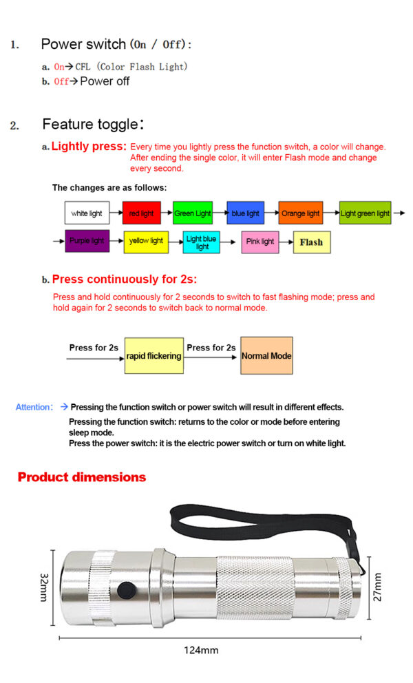 Operation guide and dimension drawing of silver color changing atmosphere flashlight, 10 RGB light modes switch tutorial and product size parameter chart