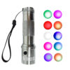 Silver aluminum color changing atmosphere flashlight close-up shot with partial RGB color palette, portable 10-color LED mood fill light with wrist lanyard