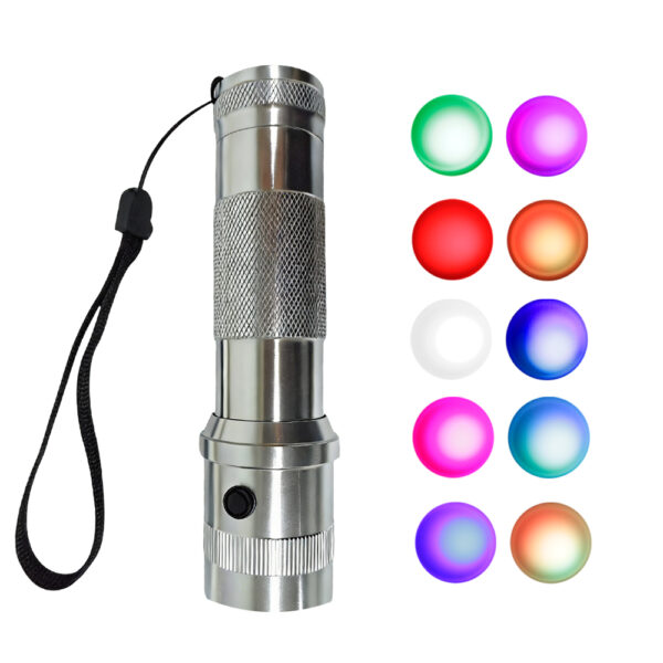 Silver aluminum color changing atmosphere flashlight close-up shot with partial RGB color palette, portable 10-color LED mood fill light with wrist lanyard