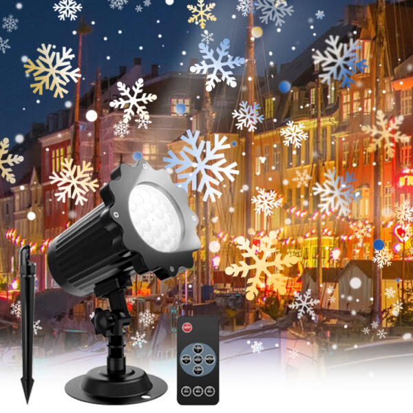 Christmas outdoor snowflake projection light set with ground stake and remote control, projecting multi-color snowflake patterns on colorful waterfront town buildings at night, festive holiday yard decorative lamp promotional image