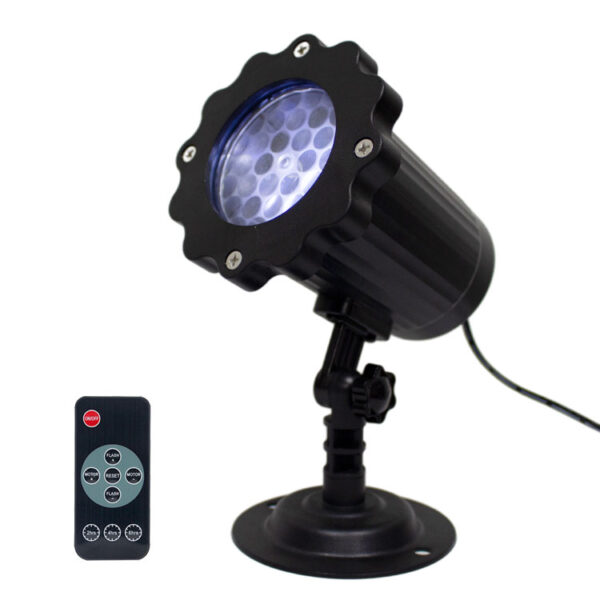 Festlamp Christmas snowflake projection light main product shot, black indoor wall mount snow projector lamp with matching remote control, IP65 waterproof Xmas holiday decoration light on white background