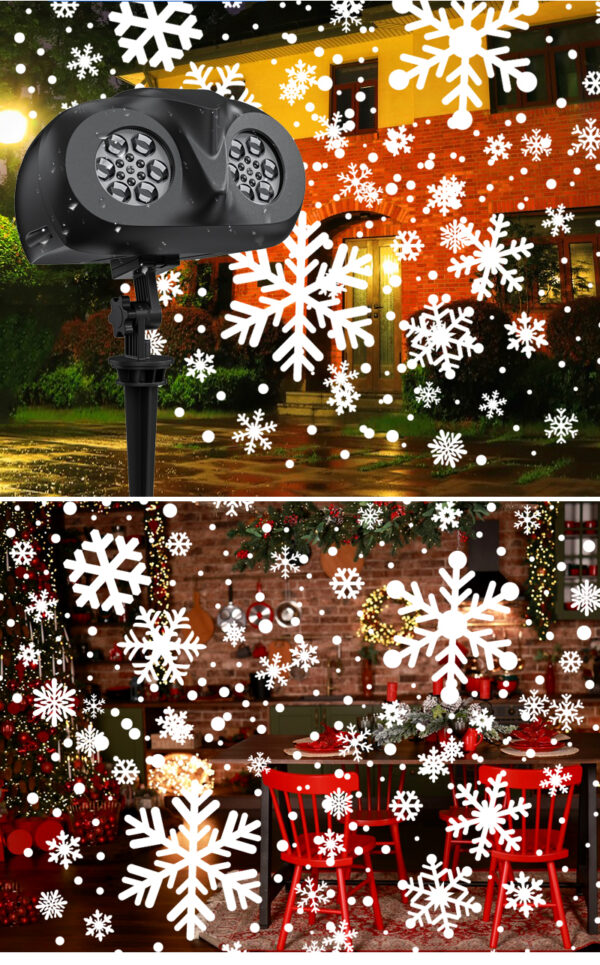 英文详情_08 Festlamp Dual Tube Snowflake Projector Light display effect, realistic falling snowflake projection for outdoor house wall and indoor dining room Christmas holiday decoration