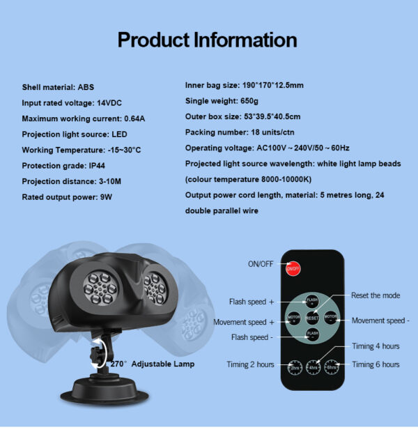 英文详情_05 Festlamp Dual Tube Snowflake Projector Light full product specification chart, includes technical data, remote control button functions and 270° adjustable lamp head
