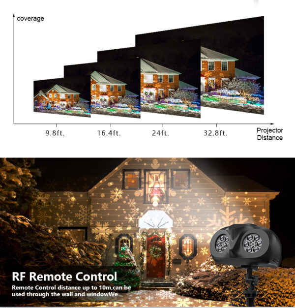 英文详情_03 Festlamp Dual Tube Snowflake Projector Light, projection distance range 9.8-32.8ft with RF wireless remote control for outdoor Christmas house decor