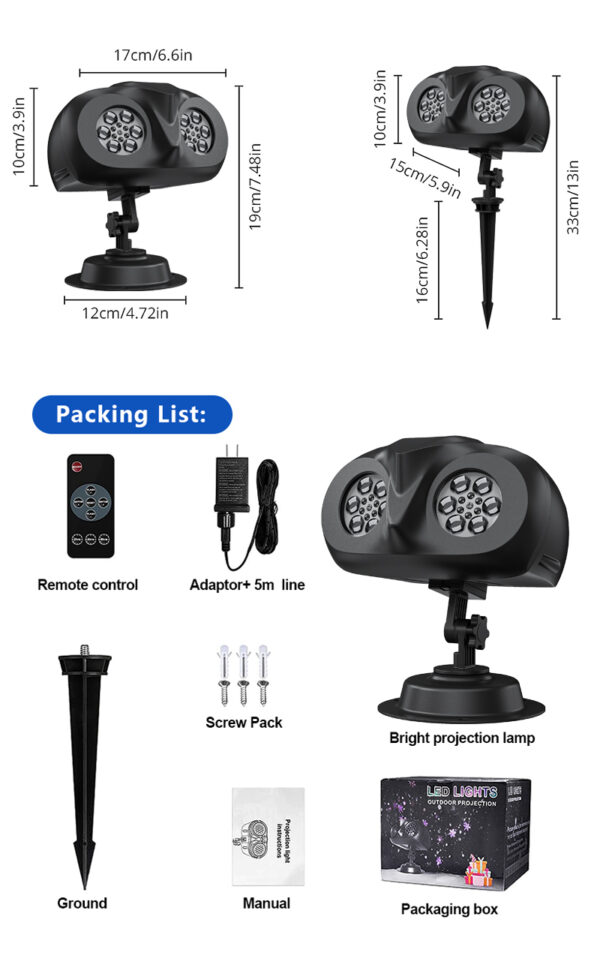 英文详情_06 Festlamp Dual Tube Snowflake Projector Light dimension drawing and complete packing list, includes remote, power adapter, ground stake, screws, user manual and gift box