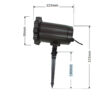 Christmas snowflake projection light dimension drawing with ground stake stand, marked with accurate length measurements, black outdoor holiday snow projector side view on plain white background