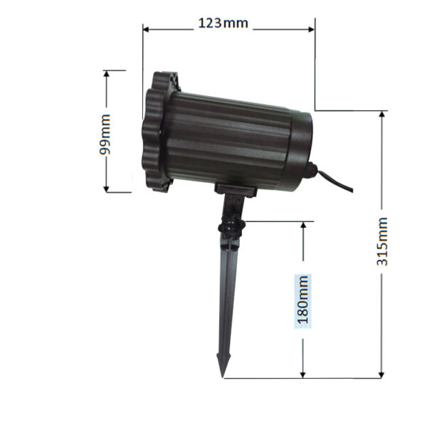 Christmas snowflake projection light dimension drawing with ground stake stand, marked with accurate length measurements, black outdoor holiday snow projector side view on plain white background
