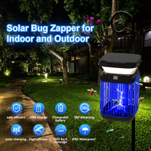6 Solar bug zapper with dual charging, IP65 waterproof and 1500 sq.ft wide coverage for indoor outdoor use