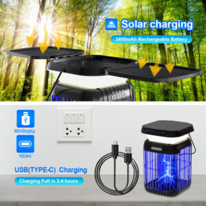 solar bug zapper with solar panel and USB Type-C dual charging, 2400mAh rechargeable battery