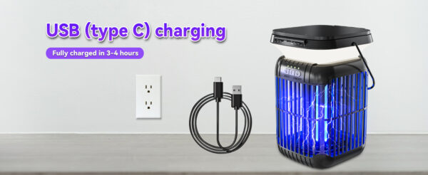 12 USB Type-C fast charging for solar bug zapper, fully charged within 3 to 4 hours