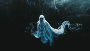 translucent blue smoke ghost with skull face dark misty black background scary halloween horror projection wallpaper