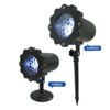 Christmas snowflake projection light dual version comparison picture, indoor model equipped with round wall mount base, outdoor model matched with long ground spike stake, labeled "Indoor" and "outdoor", matte black lamp housing with flower-shaped front cover, white background holiday decorative projector product shot
