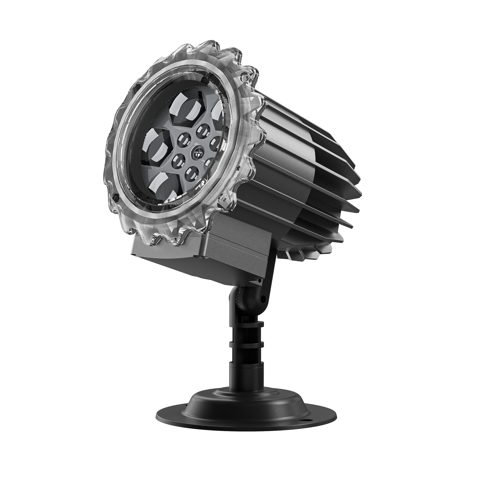Black LED holiday pattern projector light with gear transparent cover and adjustable wall mount base