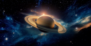 saturn wide golden ring blue swirling nebula star field deep space planet astronomy projection background