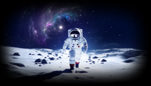 astronaut in white spacesuit walking on lunar surface swirling purple blue nebula starry dark outer space moon landscape projection background