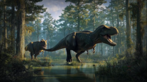 two tyrannosaurus rex prehistoric swamp forest ancient dinosaur landscape projection for LED star projector