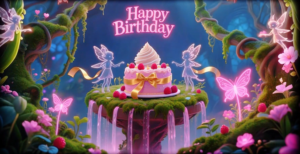 fairy birthday background pink cream cake glowing elf butterfly mossy magic forest waterfall happy birthday neon text projection for projector