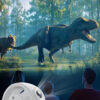 Marketing poster for 3D starry sky projector lamp, showing dinosaur forest projection and 3-5m projection distance parameter