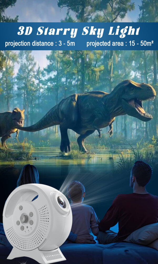 Marketing poster for 3D starry sky projector lamp, showing dinosaur forest projection and 3-5m projection distance parameter