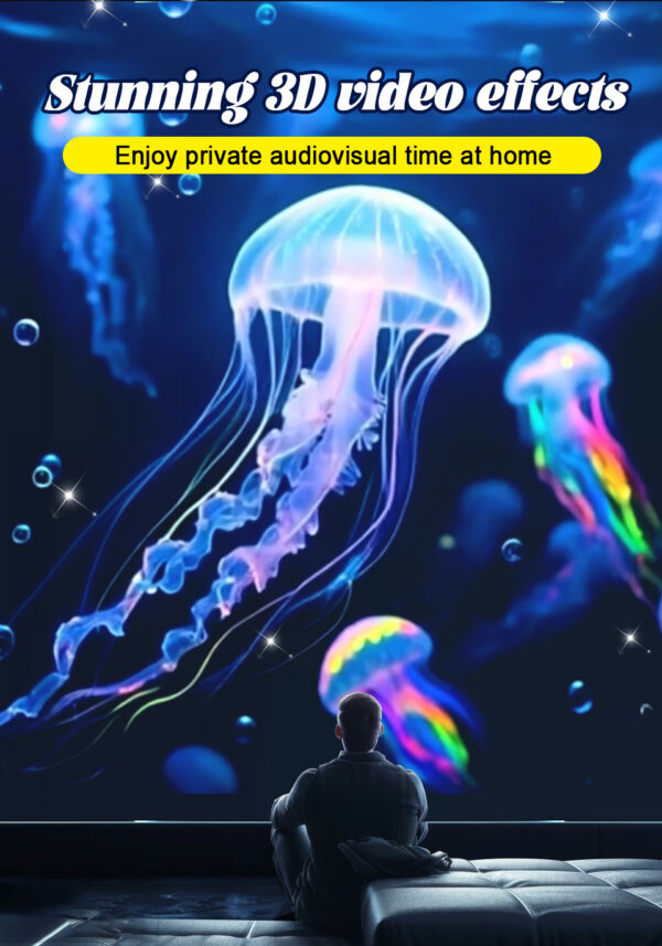 Promotional graphic of 3D jellyfish underwater projection from galaxy projector lamp, immersive home audiovisual scene display