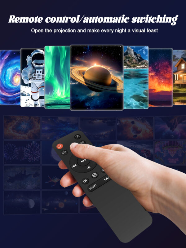 Function display graphic of star projector remote control, support manual remote switch and auto loop of multiple space landscape projection scenes