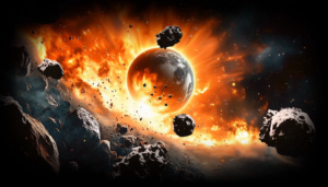 asteroid impact explosion fiery orange shockwave planet surrounded by floating rocky meteorites dark starry outer space disaster cosmic projection background