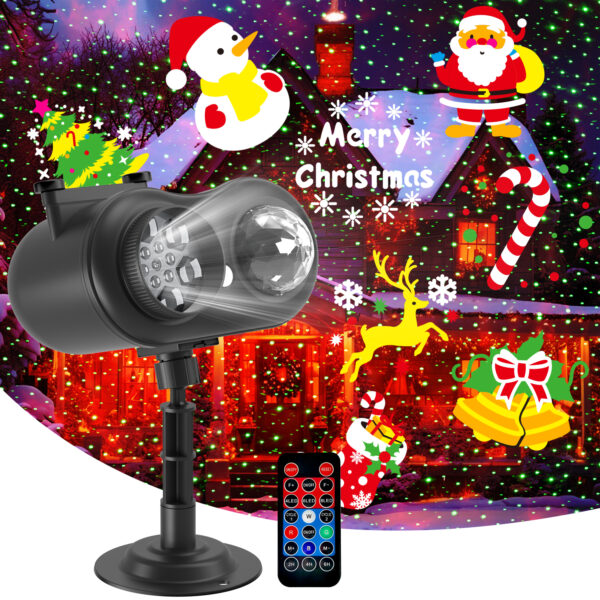 Christmas holiday projector light, double pattern LED projection lamp with Santa snowman tree elk bell slides, remote control outdoor yard garden waterproof holiday decor light