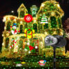Christmas holiday projector light projecting Santa snowman gift tree candy cane patterns on house facade, outdoor dual lens yard decorative projection lamp with green laser star lights