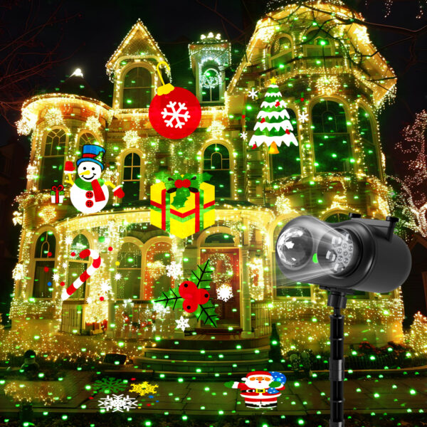 Christmas holiday projector light projecting Santa snowman gift tree candy cane patterns on house facade, outdoor dual lens yard decorative projection lamp with green laser star lights