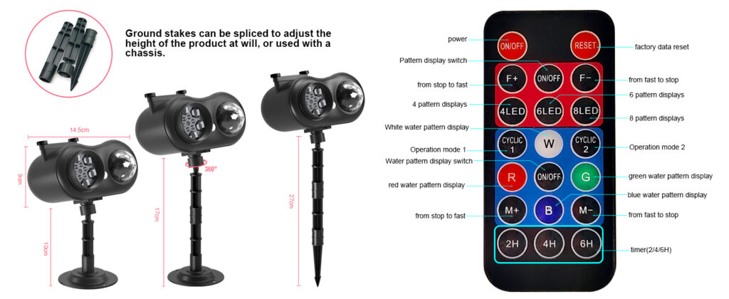 Dual lens holiday projector light with splicable adjustable height ground stake mount, 360 rotatable bracket, multi-function remote control with pattern switch, RGB water wave effects and 2/4/6H timer function