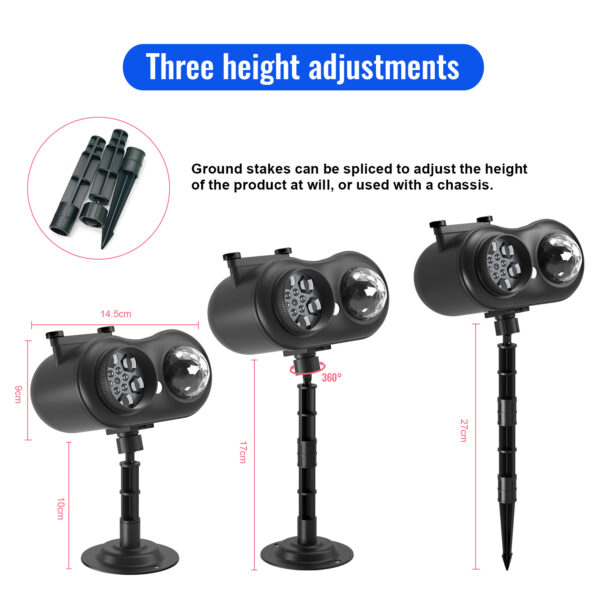 Dual lens holiday projector light with 3 adjustable height splicable ground stake, 360 rotatable outdoor decorative projection lamp mounting stand size diagram