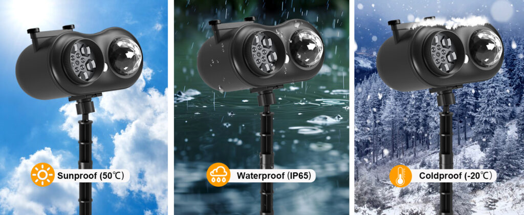 Dual lens holiday projection light all weather performance, sunproof up to 50℃, IP65 waterproof, coldproof down to -20℃ outdoor yard decorative lamp for year-round seasonal decor