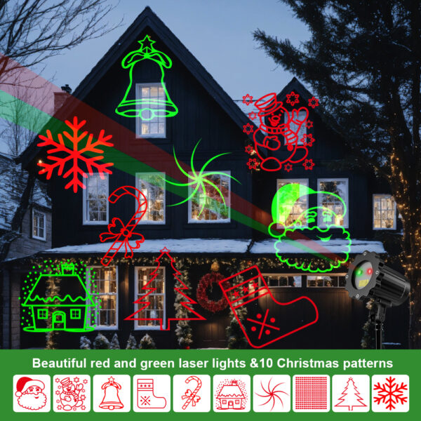 Festlamp outdoor Christmas laser projector light, red green 10 Christmas patterns laser light for house yard exterior holiday decoration