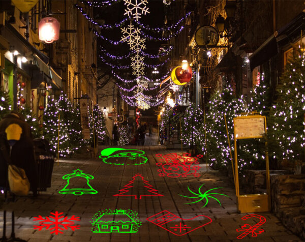 Outdoor Christmas laser projector light projects red green 10 Xmas patterns on street pavement, commercial shop street holiday decoration