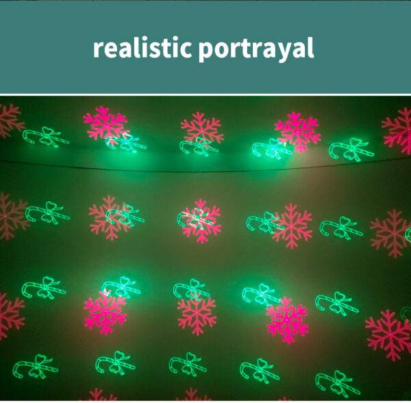 Realistic projection effect of Christmas laser light, red snowflake and green candy cane patterns wall display