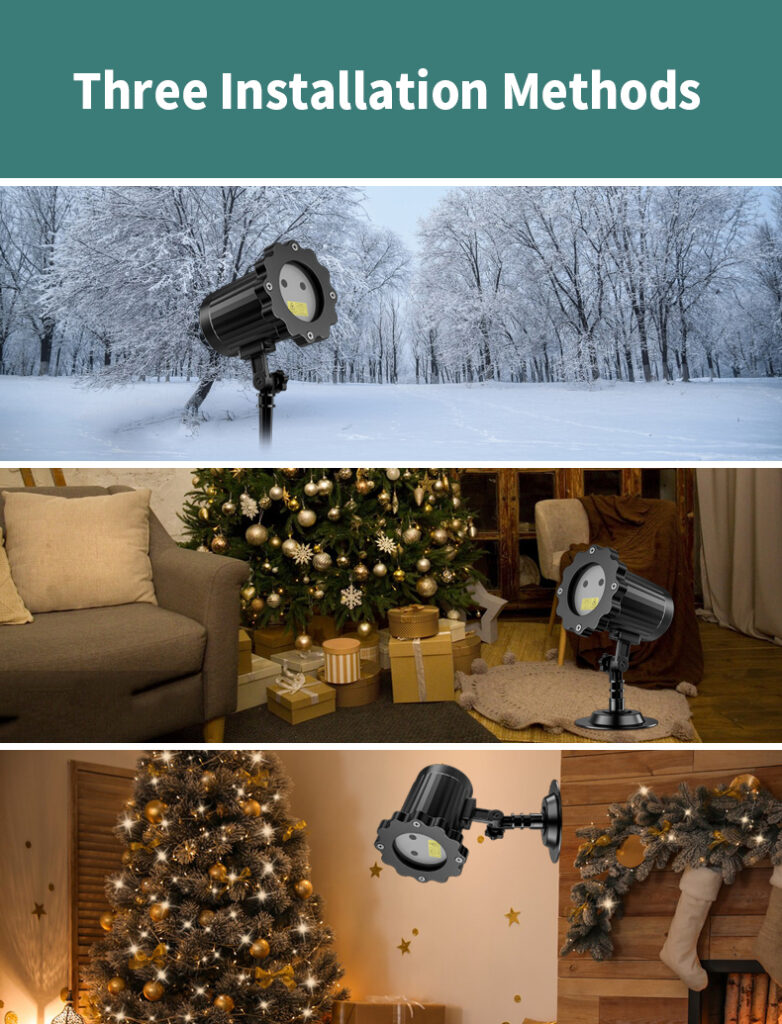 Festlamp Christmas laser projector light three installation methods, ground stake outdoor, desktop base indoor, wall mount bracket mounting ways
