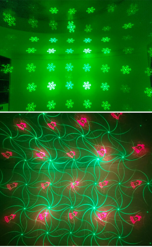 Two projection effects of Christmas laser light, top full green snowflake pattern, bottom red bell with green swirl dynamic laser pattern