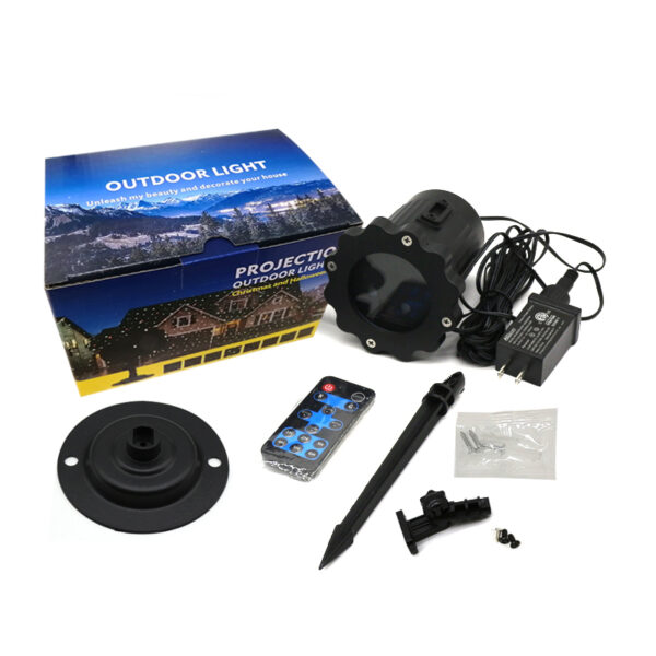 Full set of outdoor Christmas laser projector light kit including lamp, remote control, power adapter, ground stake, wall mount base, screws and retail gift box