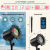 Festlamp Christmas laser projector light spec sheet, 10 patterns 2 red green colors, IP waterproof, remote control, product dimension size chart