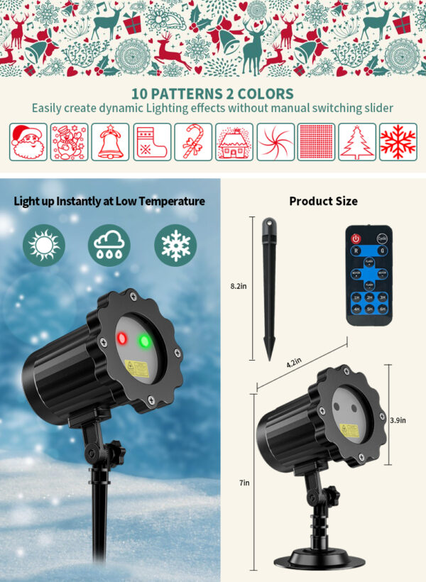 Festlamp Christmas laser projector light spec sheet, 10 patterns 2 red green colors, IP waterproof, remote control, product dimension size chart