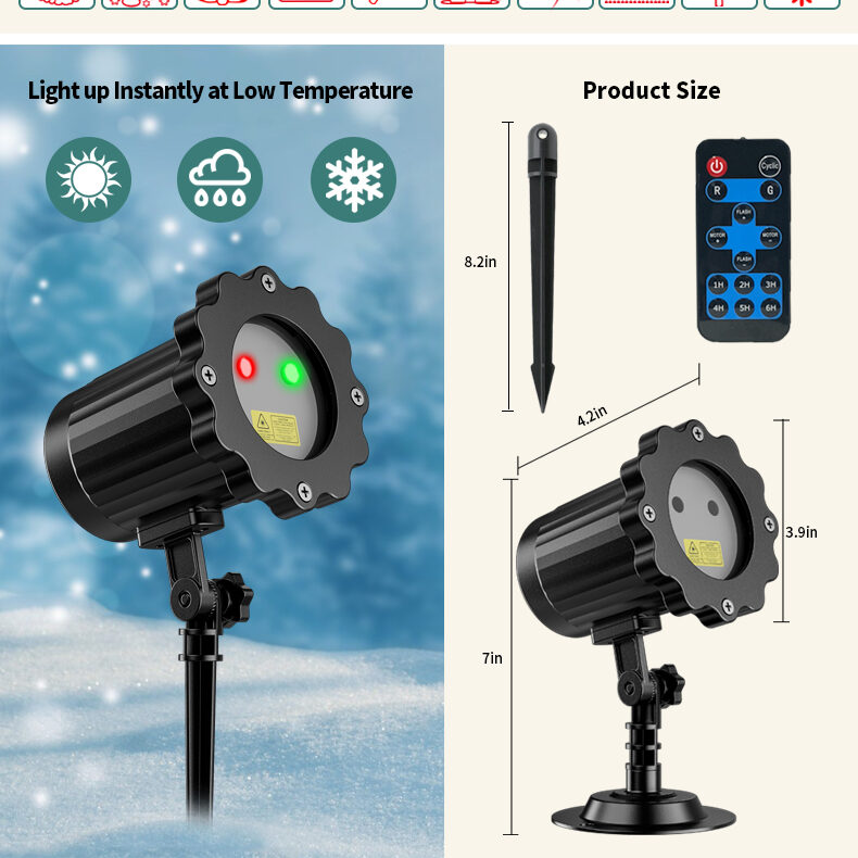 Festlamp Christmas laser projector light spec sheet, 10 patterns 2 red green colors, IP waterproof, remote control, product dimension size chart